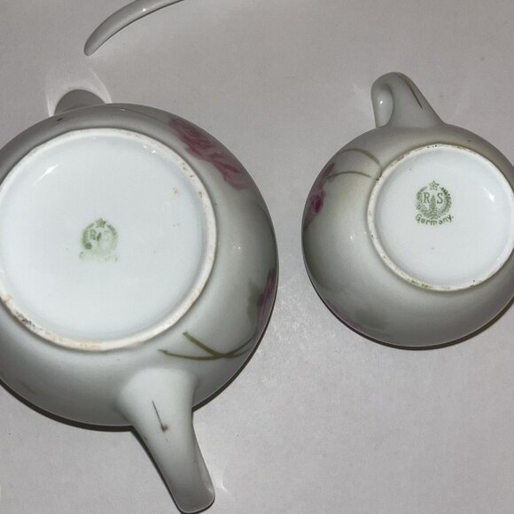 vintage rs prussia hand painted roses porcelain covered cream & sugar with spoon - Picture 16 of 16
